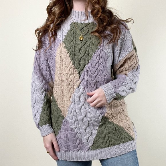 Rare Vintage Handmade Cable Knit Wool Oversized Sweater Chunky Slouchy Mock Crew - Picture 3 of 8